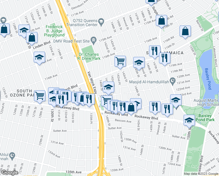 map of restaurants, bars, coffee shops, grocery stores, and more near 117-51 141st Street in Queens