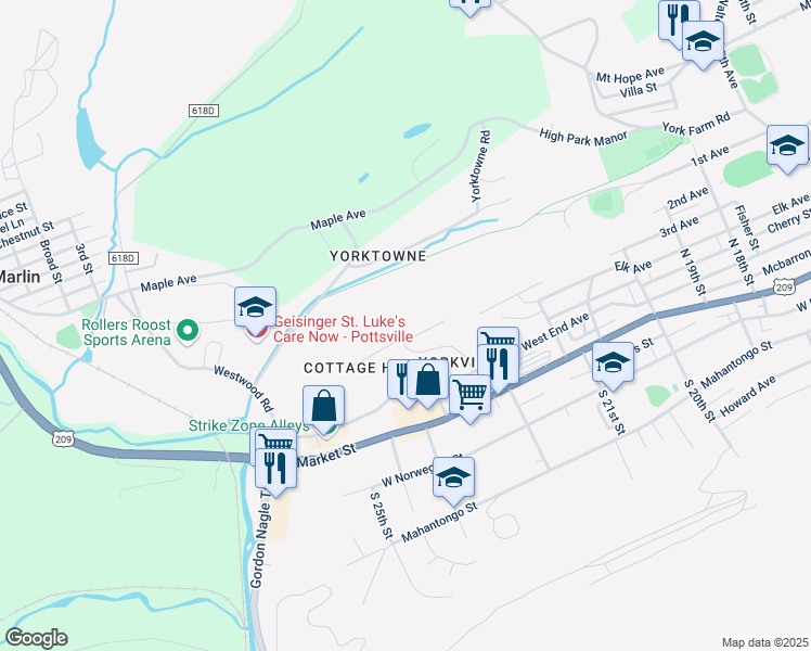 map of restaurants, bars, coffee shops, grocery stores, and more near 16 Cottage Hill West in Pottsville