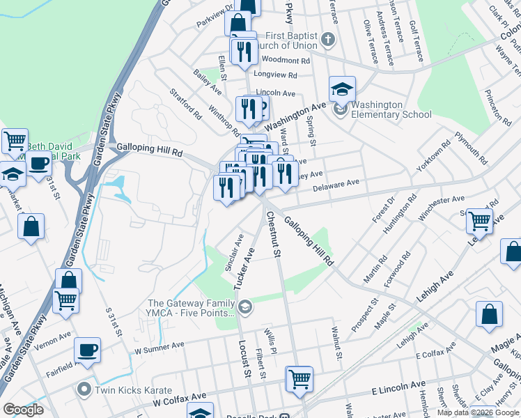 map of restaurants, bars, coffee shops, grocery stores, and more near 390 Tucker Avenue in Union