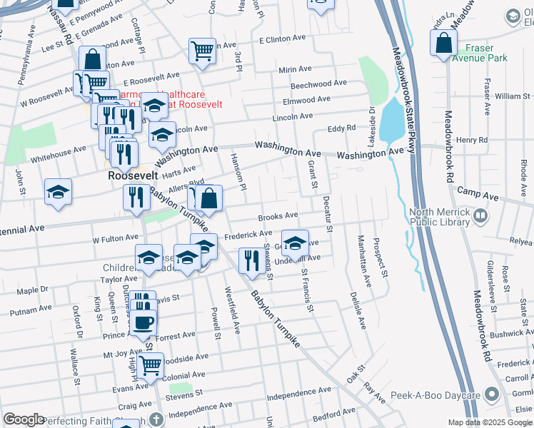 map of restaurants, bars, coffee shops, grocery stores, and more near 100 Stevens Street in Roosevelt