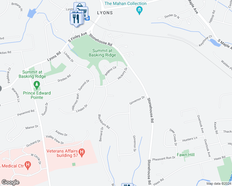 map of restaurants, bars, coffee shops, grocery stores, and more near 10 Cayuga Way in Bernards
