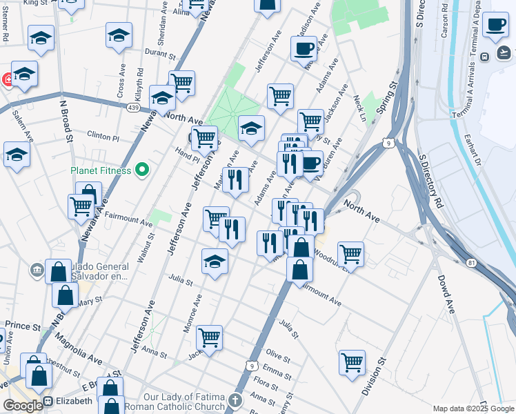 map of restaurants, bars, coffee shops, grocery stores, and more near 1057 Louisa Street in Elizabeth