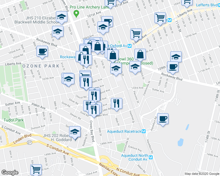 map of restaurants, bars, coffee shops, grocery stores, and more near 96-17 Plattwood Avenue in Queens