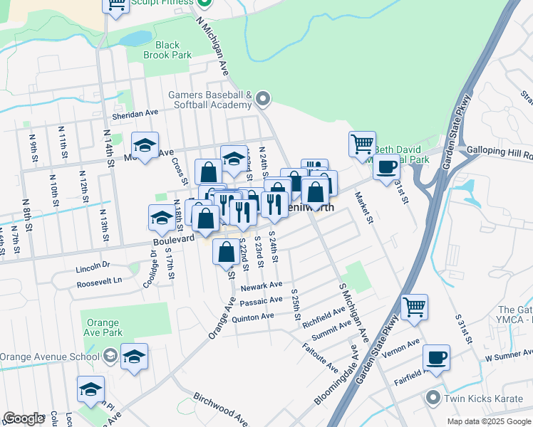 map of restaurants, bars, coffee shops, grocery stores, and more near 10 North 24th Street in Kenilworth