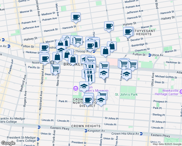map of restaurants, bars, coffee shops, grocery stores, and more near 83 Kingston Avenue in Brooklyn
