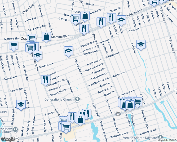 map of restaurants, bars, coffee shops, grocery stores, and more near 308 Pleasantview Court in Copiague