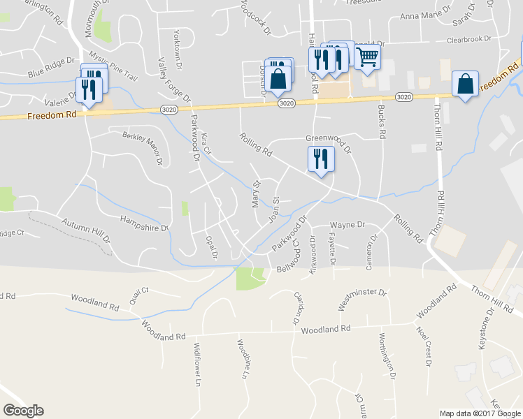 map of restaurants, bars, coffee shops, grocery stores, and more near 416 Mary Street in Cranberry Township