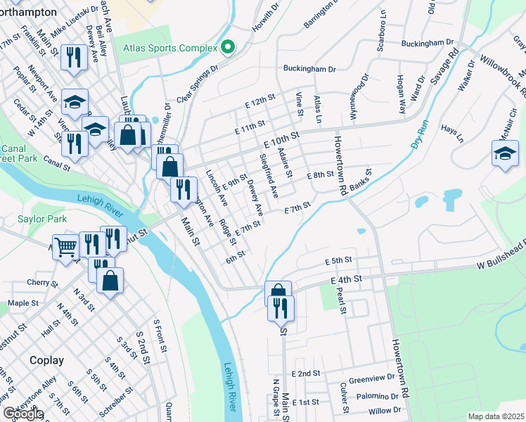 map of restaurants, bars, coffee shops, grocery stores, and more near 701 Dewey Avenue in Northampton