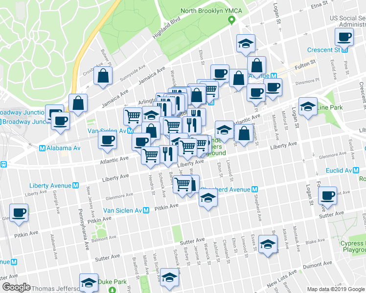 map of restaurants, bars, coffee shops, grocery stores, and more near 2900 Atlantic Avenue in Brooklyn