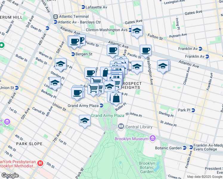 map of restaurants, bars, coffee shops, grocery stores, and more near 237 Park Place in Brooklyn