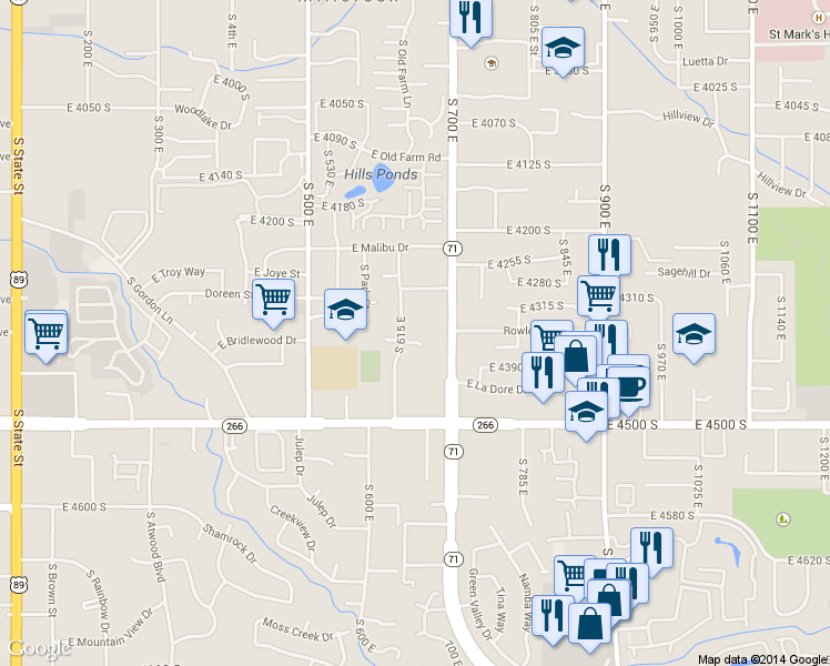 map of restaurants, bars, coffee shops, grocery stores, and more near 643 East 4350 South in Murray