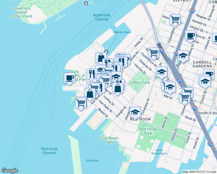 map of restaurants, bars, coffee shops, grocery stores, and more near 353 Van Brunt Street in Brooklyn