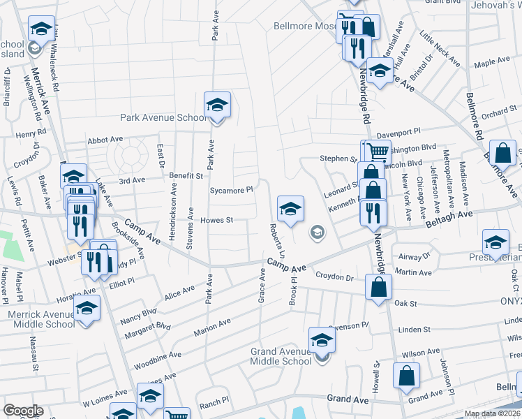 map of restaurants, bars, coffee shops, grocery stores, and more near 1718 Sycamore Avenue in Merrick