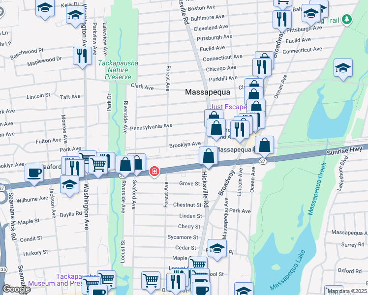 map of restaurants, bars, coffee shops, grocery stores, and more near 46 Brooklyn Avenue in Massapequa