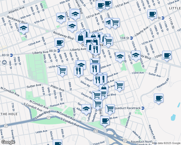 map of restaurants, bars, coffee shops, grocery stores, and more near 107-61 92nd Street in Queens