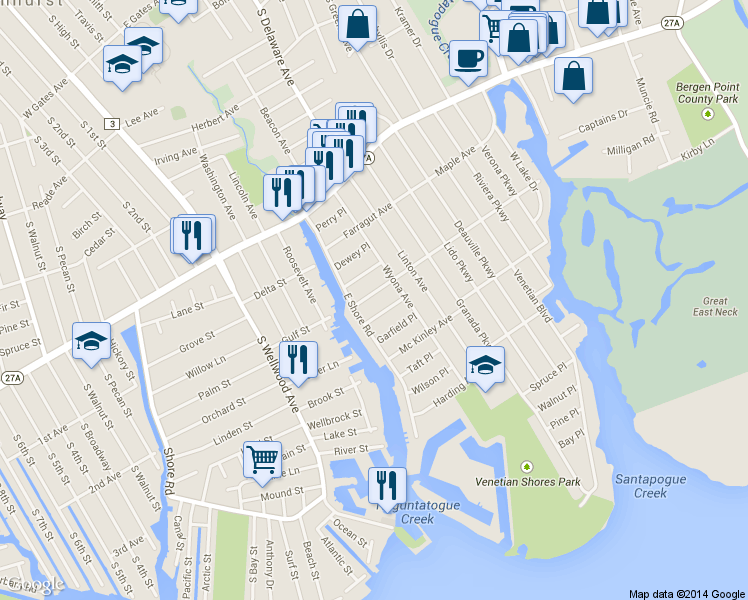 map of restaurants, bars, coffee shops, grocery stores, and more near 22 Schley Ave in Lindenhurst