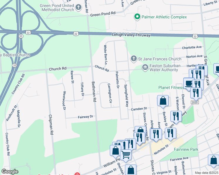 map of restaurants, bars, coffee shops, grocery stores, and more near 3758 Carrington Circle in Easton