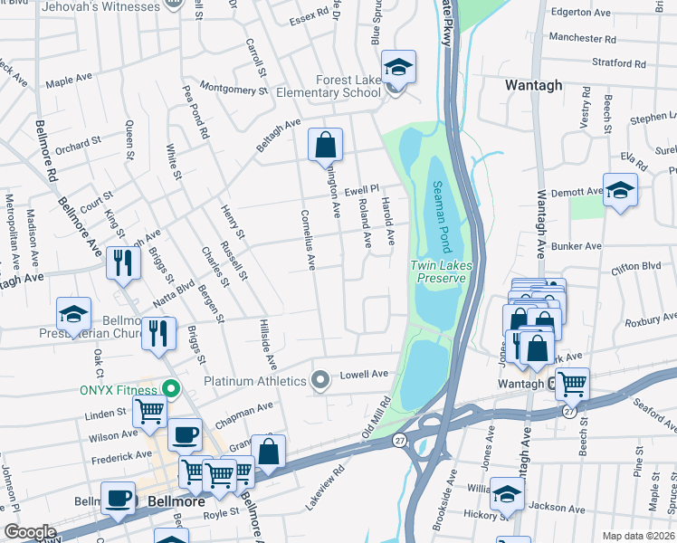 map of restaurants, bars, coffee shops, grocery stores, and more near 1762 Hannington Ave in Wantagh