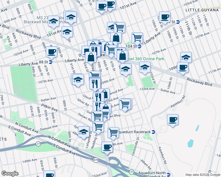 map of restaurants, bars, coffee shops, grocery stores, and more near 94-54 Sutter Avenue in Queens