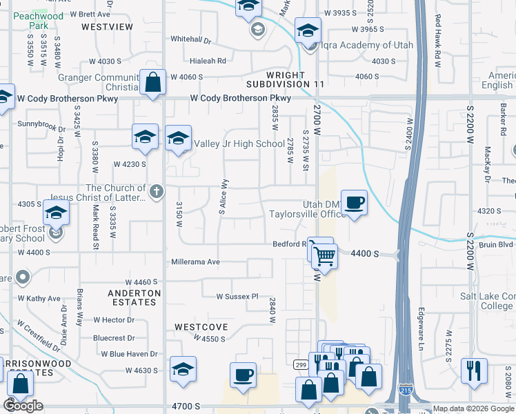 map of restaurants, bars, coffee shops, grocery stores, and more near 4318 South King Arthur Drive in Salt Lake City