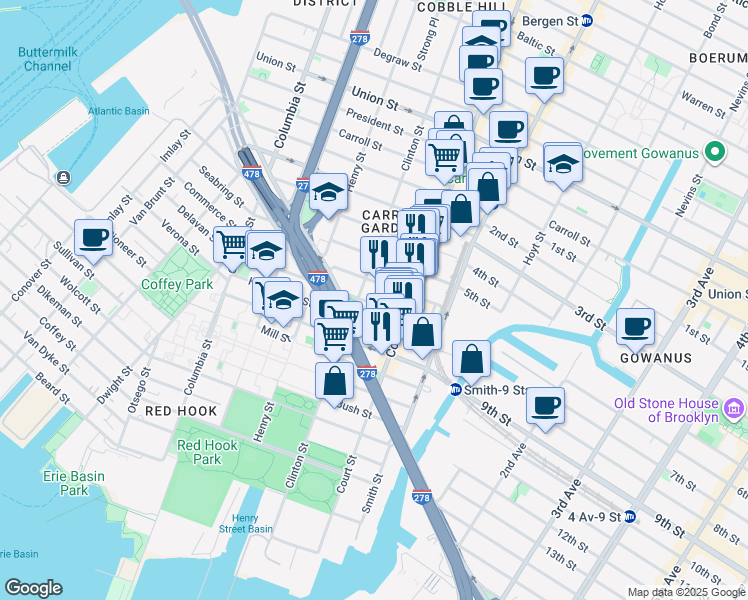 map of restaurants, bars, coffee shops, grocery stores, and more near 143 Nelson Street in Brooklyn