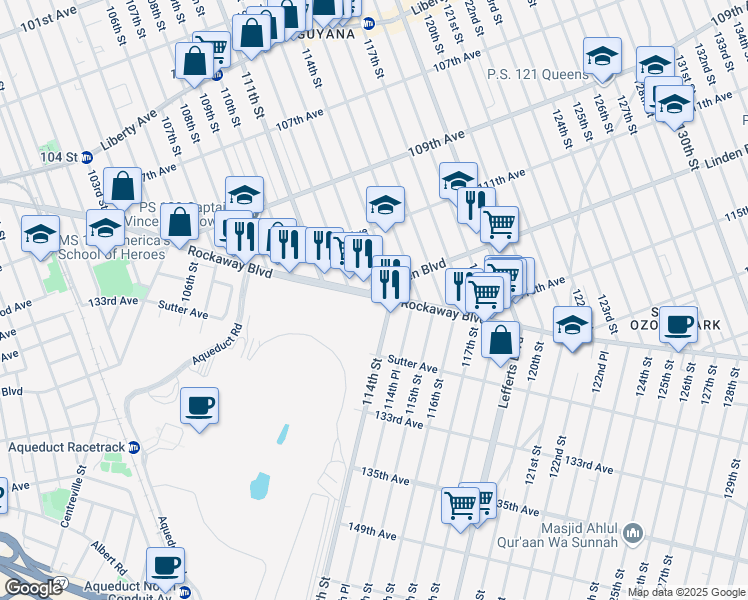 map of restaurants, bars, coffee shops, grocery stores, and more near 113-4 Rockaway Boulevard in Queens