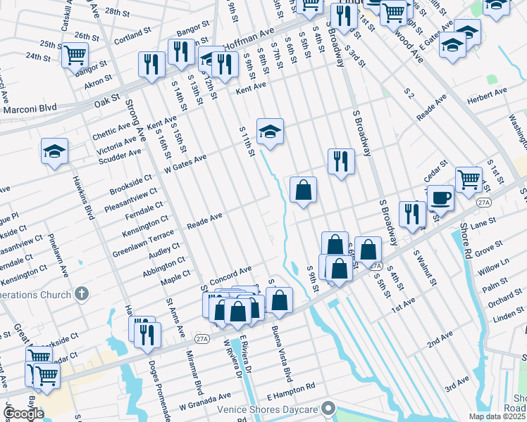 map of restaurants, bars, coffee shops, grocery stores, and more near 418 South 12th Street in Lindenhurst