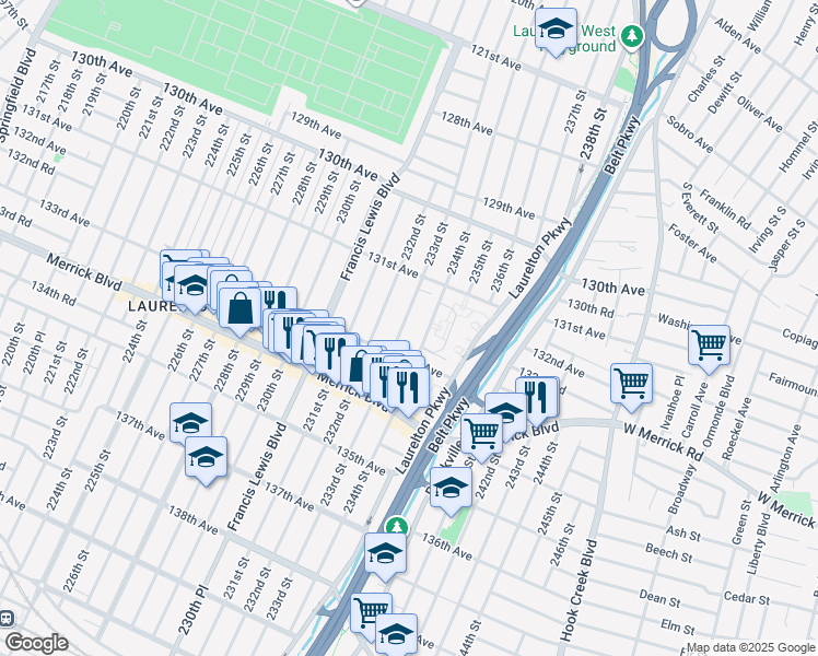 map of restaurants, bars, coffee shops, grocery stores, and more near 131-55 233rd Street in Queens