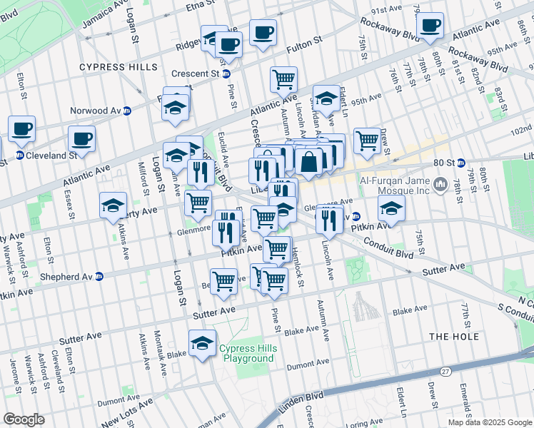 map of restaurants, bars, coffee shops, grocery stores, and more near 454 Crescent Street in Brooklyn