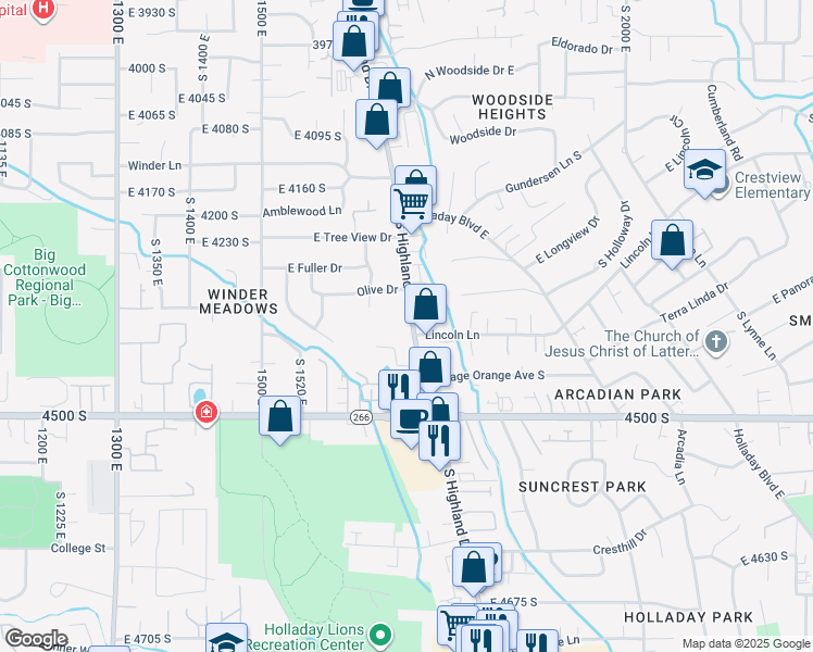 map of restaurants, bars, coffee shops, grocery stores, and more near in Millcreek