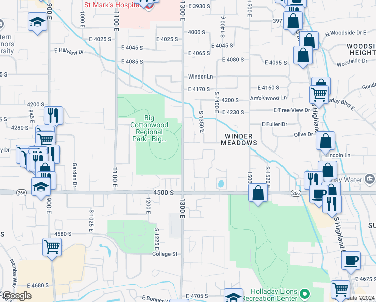 map of restaurants, bars, coffee shops, grocery stores, and more near 4351 South 1300 East in Millcreek