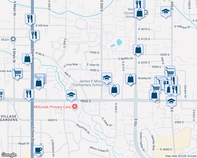 map of restaurants, bars, coffee shops, grocery stores, and more near 479 East Bridlewood Drive in Millcreek