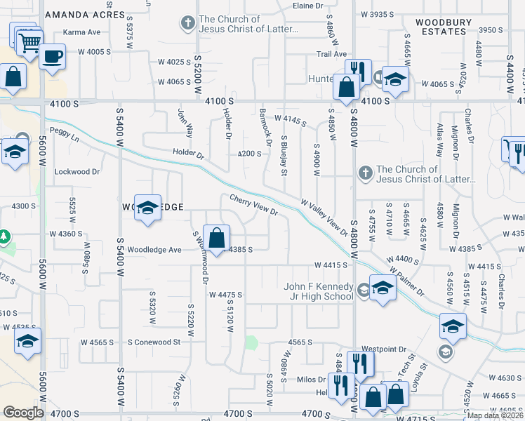 map of restaurants, bars, coffee shops, grocery stores, and more near 5025 Cherry View Drive in West Valley City