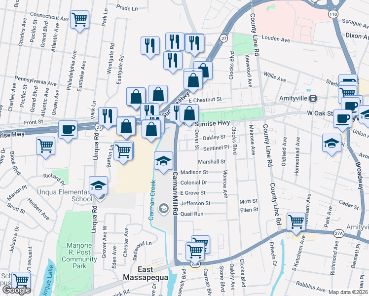map of restaurants, bars, coffee shops, grocery stores, and more near 45 Dover Street in Massapequa
