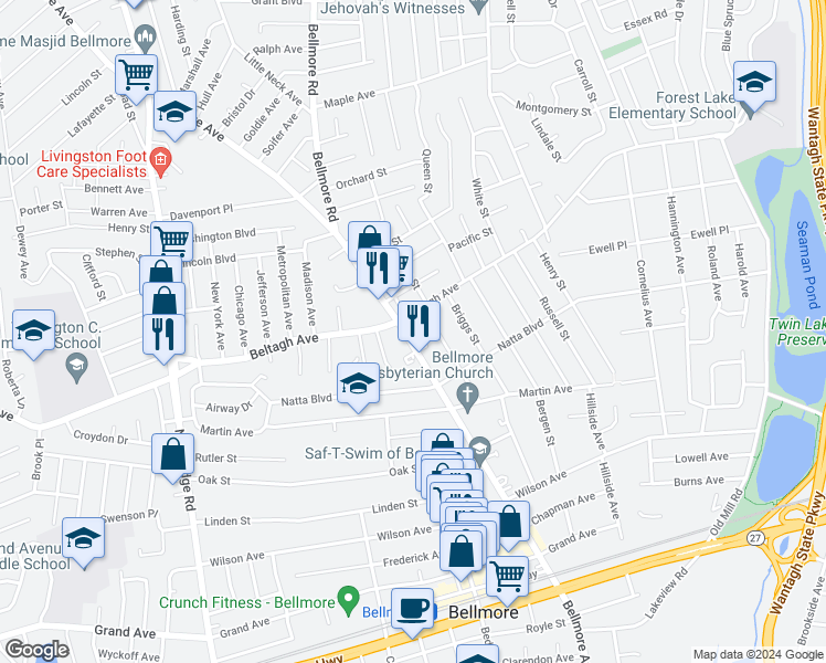map of restaurants, bars, coffee shops, grocery stores, and more near 1905 Bellmore Avenue in North Bellmore