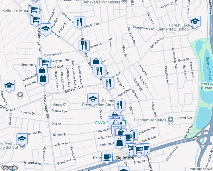 map of restaurants, bars, coffee shops, grocery stores, and more near 1905 Bellmore Avenue in North Bellmore