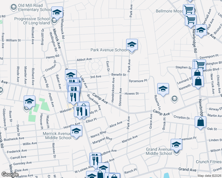 map of restaurants, bars, coffee shops, grocery stores, and more near 2154 1st Avenue in Merrick
