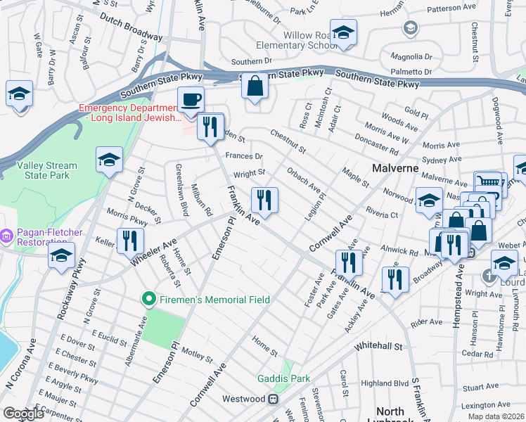 map of restaurants, bars, coffee shops, grocery stores, and more near 1207 Slabey Avenue in Valley Stream