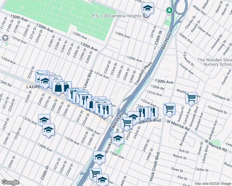 map of restaurants, bars, coffee shops, grocery stores, and more near 131-39 234th Street in Queens