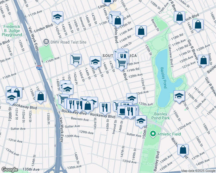 map of restaurants, bars, coffee shops, grocery stores, and more near 119-57 Inwood Street in Queens