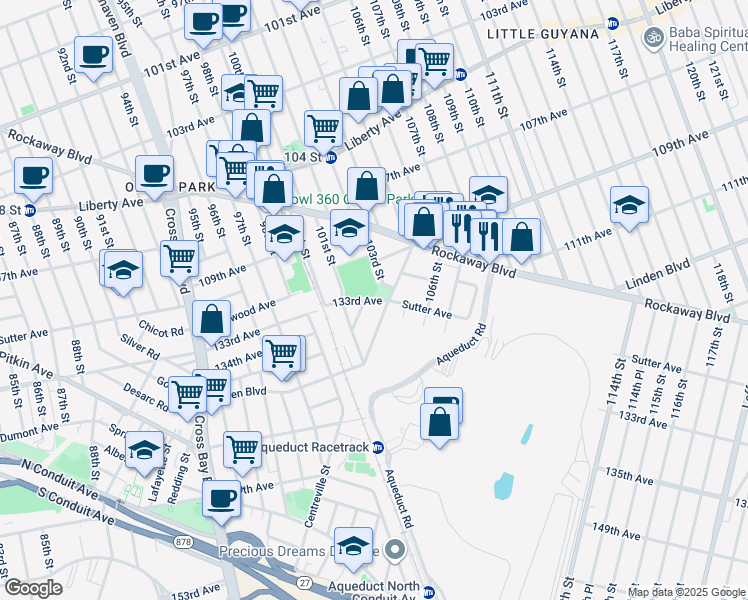 map of restaurants, bars, coffee shops, grocery stores, and more near 133-01 Boss Street in Queens