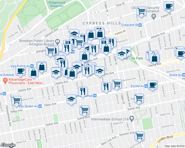 map of restaurants, bars, coffee shops, grocery stores, and more near 779 Liberty Avenue in Brooklyn