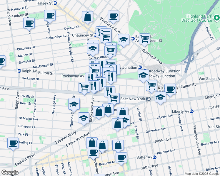 map of restaurants, bars, coffee shops, grocery stores, and more near 1892 Eastern Parkway in Brooklyn