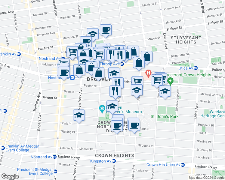 map of restaurants, bars, coffee shops, grocery stores, and more near 1436 Pacific Street in Brooklyn