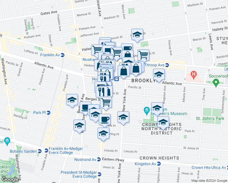 map of restaurants, bars, coffee shops, grocery stores, and more near 1231 Dean Street in Brooklyn