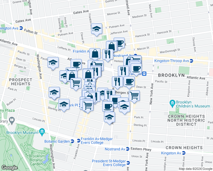 map of restaurants, bars, coffee shops, grocery stores, and more near 1076 Dean Street in Brooklyn