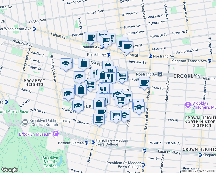 map of restaurants, bars, coffee shops, grocery stores, and more near 614 Franklin Avenue in Brooklyn