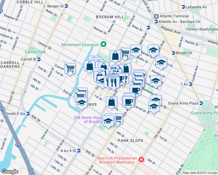 map of restaurants, bars, coffee shops, grocery stores, and more near 564 President Street in Brooklyn