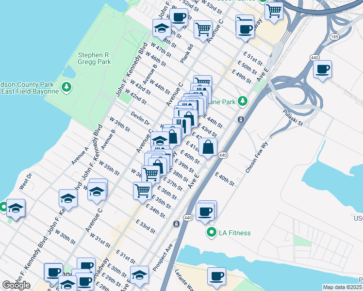 map of restaurants, bars, coffee shops, grocery stores, and more near 861 Broadway in Bayonne