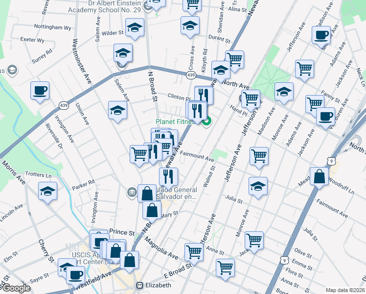 map of restaurants, bars, coffee shops, grocery stores, and more near 611-613 Newark Avenue in Elizabeth